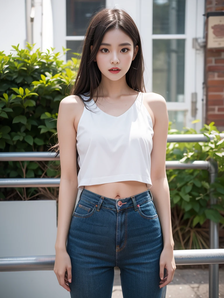(8K,best qualtiy,tmasterpiece:1.2),(realisticlying,realisticlying,photo-realistic:1.37),2girls,Hyper-detailing,beatiful detailed eyes,Beautiful detail nose,White shirt,sleeveless,thin shoulder strap,upperbody closeup,seductiv,((standing on your feet)),Rooftop,railing,small town,Tower,telephone poles,plant,Front lens,The navel is exposed at the waist,shorter pants,obi strip
