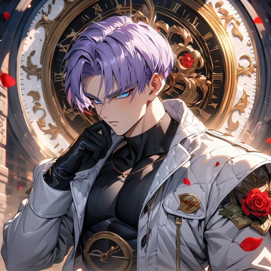absurdres, highres, ultra detailed, HDR, masterpiece, extremely detailed face and eyes, perfect face, Trunks, light-purple hair, expressive blue eyes, Dragon Ball Z, solo, sexy man, handsome, white coat, tight black shirt, patterns, red roses, black gloves, petals, in woderland, clock