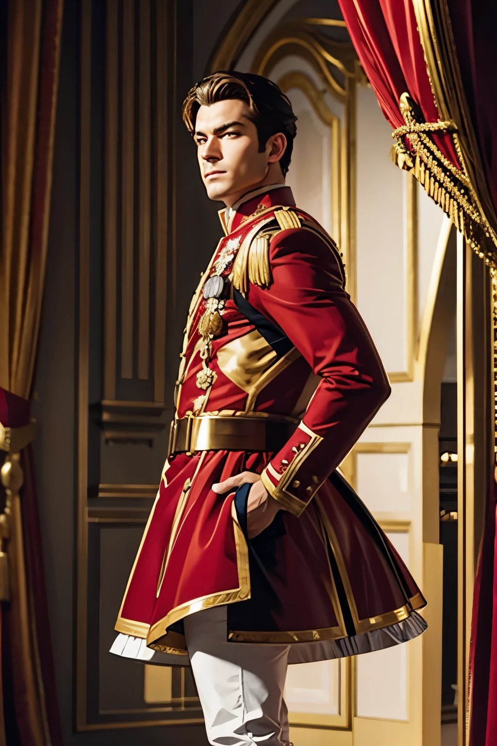 A MAN WITH A GOLDEN JETPACK AND RED UNIFORM IN ROCOCO STYLE