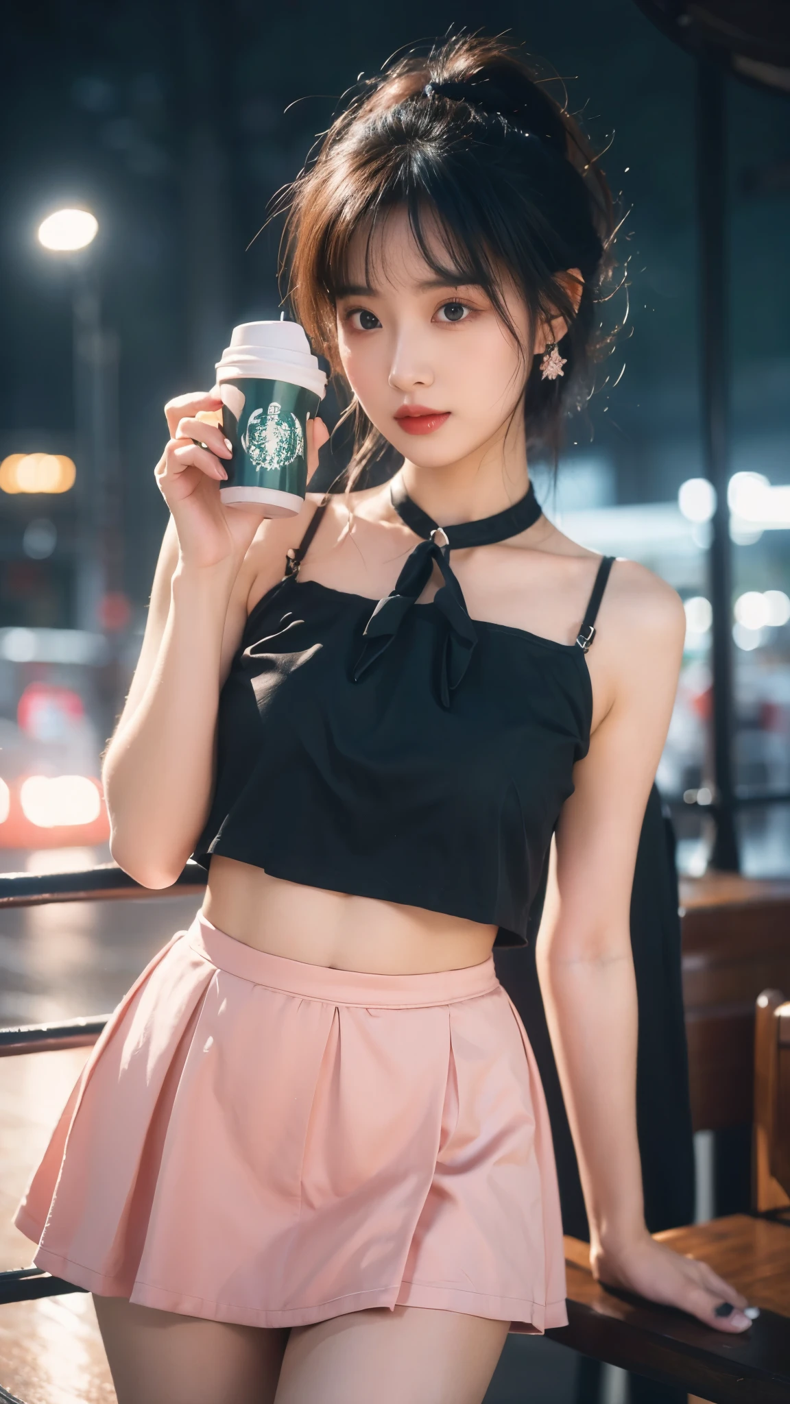 Exquisite lighting, focus stacking, Surreal, 8k,Black lining,belly button,ruffle skirt,Super detailed, long, Whitening of inner corners of eyelashes, Pink blush black lipstick, arched eyebrows, Leather Perforation, Diaphragm, Large pink hoop ears, black long pink nails, Black and pink nails, Holding a pink Starbucks cup, Tattoo, neck, winter background, Bokeh, Soft Focus,