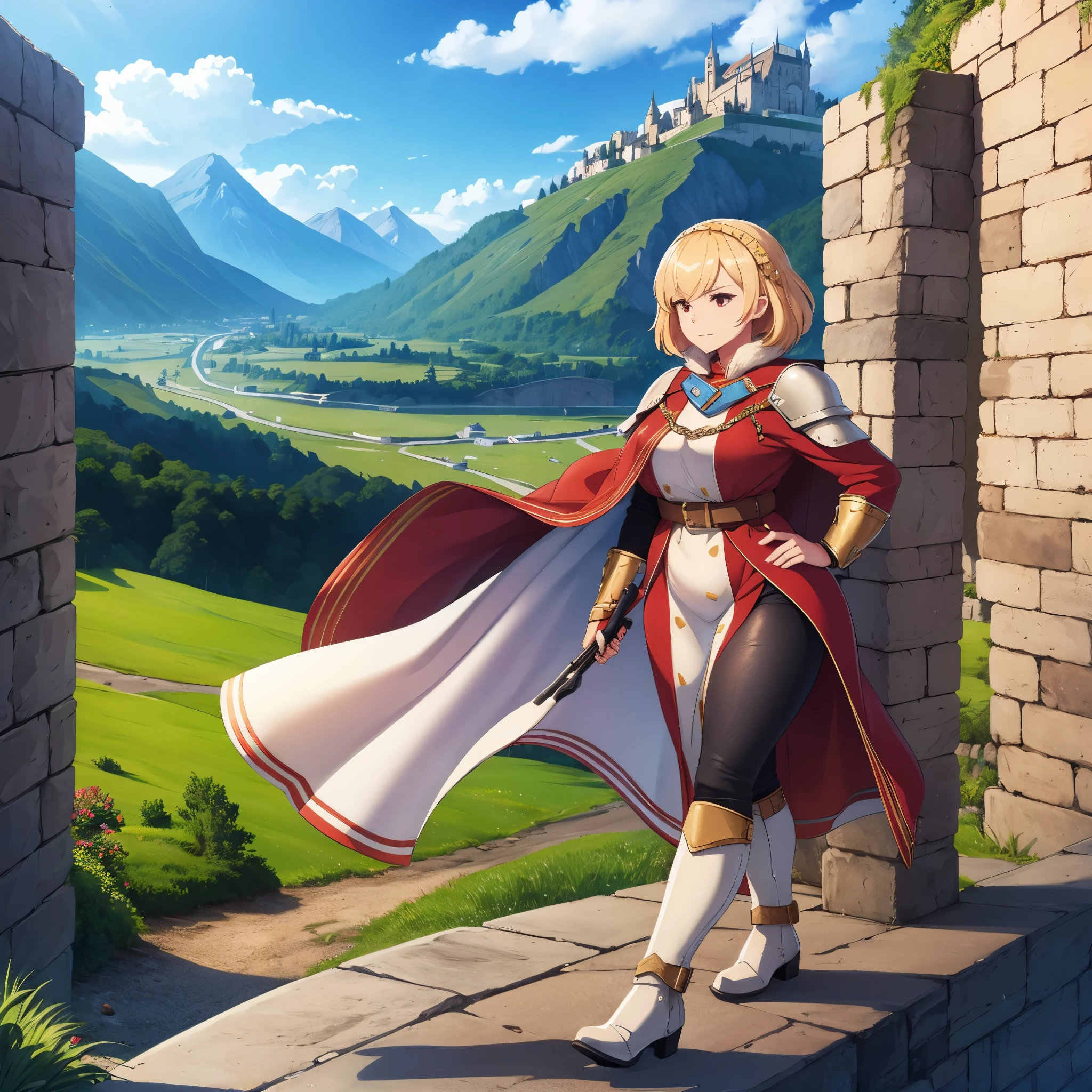 a woman wearing medieval heavy armor, white armor with gold details, metal bracelet, white metal boots, fur cape, short blonde hair, red eyes, walking in a medieval fortification overlooking mountains. day place.HDR, masterpiece, well defined, ultra resolution, high quality, 8k HD. (just a woman, solo)
