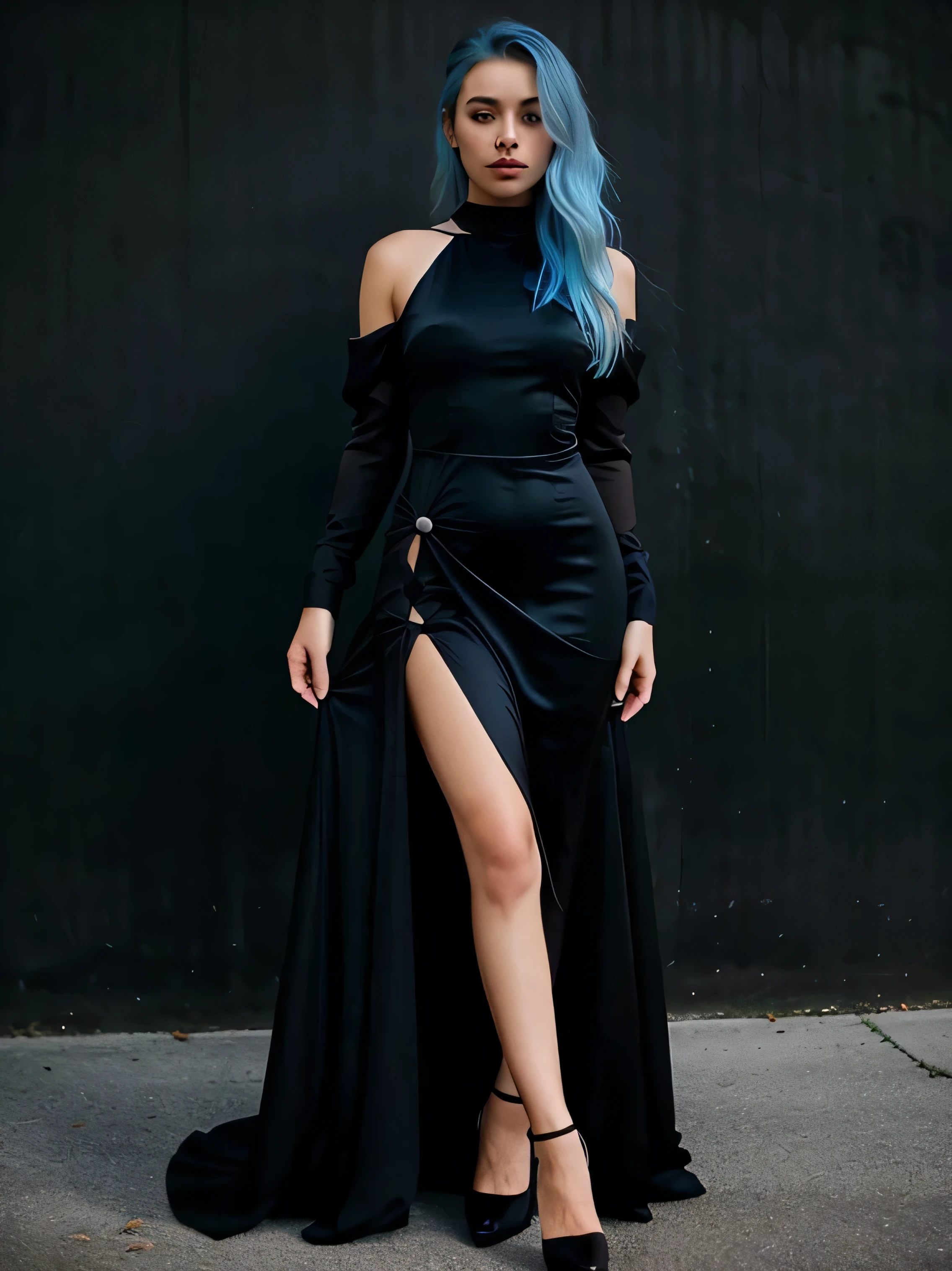 
arafed woman with blue hair posing in a black dress, tight dress, sexy dress, black silk dress, tight dress, in black dress, beautiful silk dress, black dress, black dress black dress ice cream, blue dress, blue dress, revealing elegant dress, black dress, wearing a blue plastic dress, long black dress, wearing a black dress, sexy dress. Strong light blue hair.