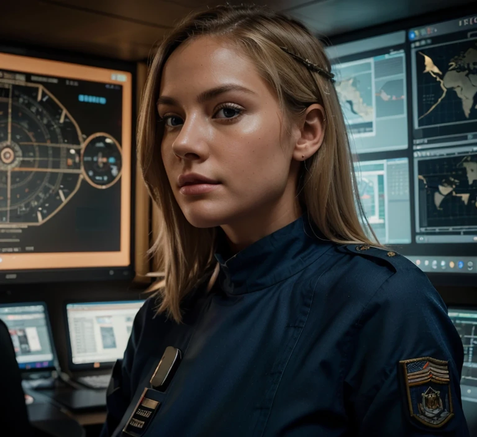 Adult American woman, plump face, serious expression, very light blonde hair, wears a blue military uniform, holds a gun, is inside a high-tech military bunker, computer screens with world map, servers with blue light, Ultra detailed, hyperrealistic , 4k , Ultra detailed image, realistic, Highly detailed, perfect composition, splendid, Intricately detailed, Incredibly detailed, 8 k artistic photography, hyper detailed, Masterpiece, Ultra detailed, hyper realistic, 4k , Ultra detailed image, realistic, Highly detailed, perfect composition, splendid, Intricately detailed, Incredibly detailed, 8 k artistic photography, hyper detailed, Masterpiece