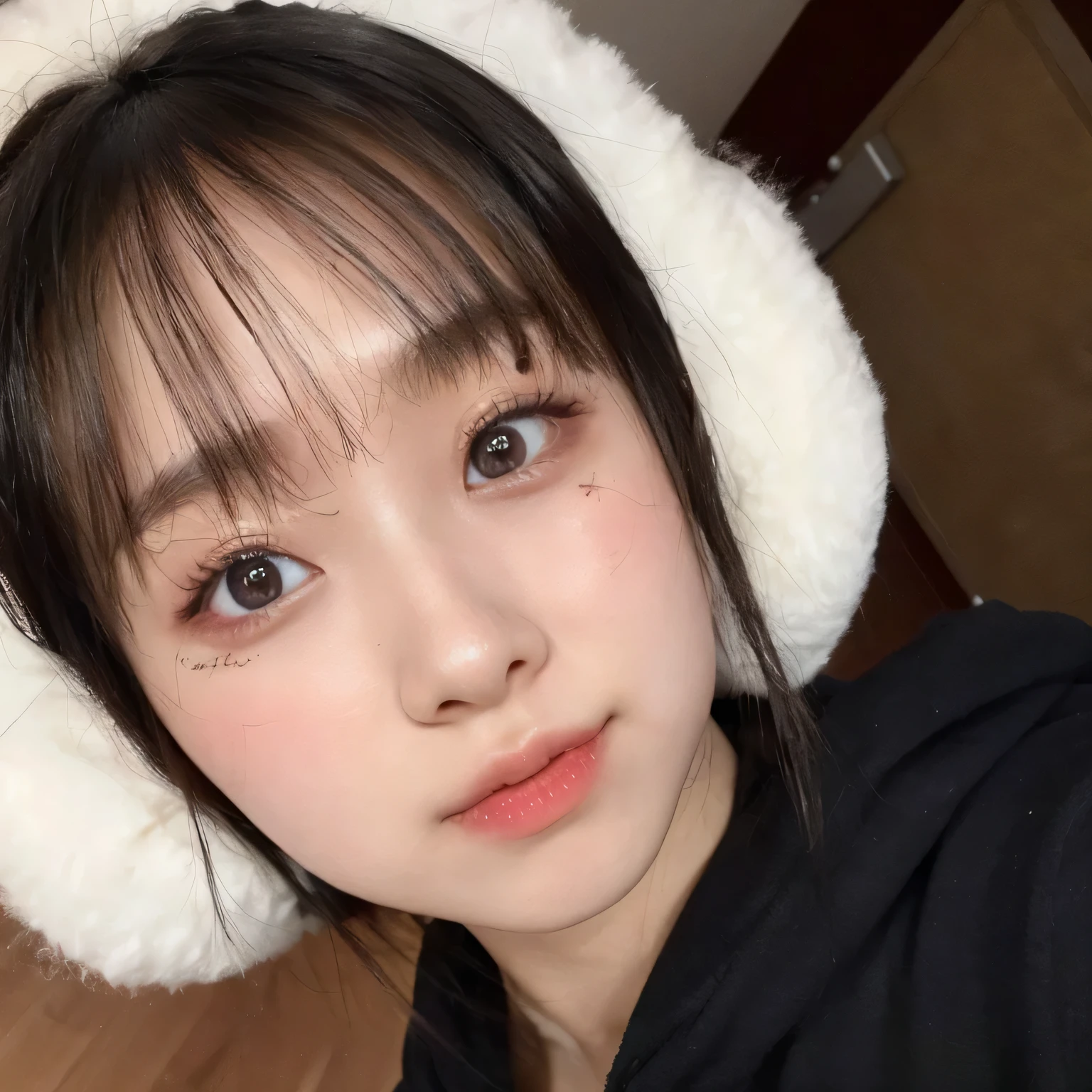 Arafed Asian girl wearing black hoodie and white earmuffs., chiho, ulzzang, lindocore, con cara linda - fina, Young cute pale asian face, pale korean adorable face, Yoshitomo Nara, shikami, chica linda-cara-fina, cara linda y clara, linda chica kawaii Chuu de Loona Chuu yas Jiwoo de Loona Chuu