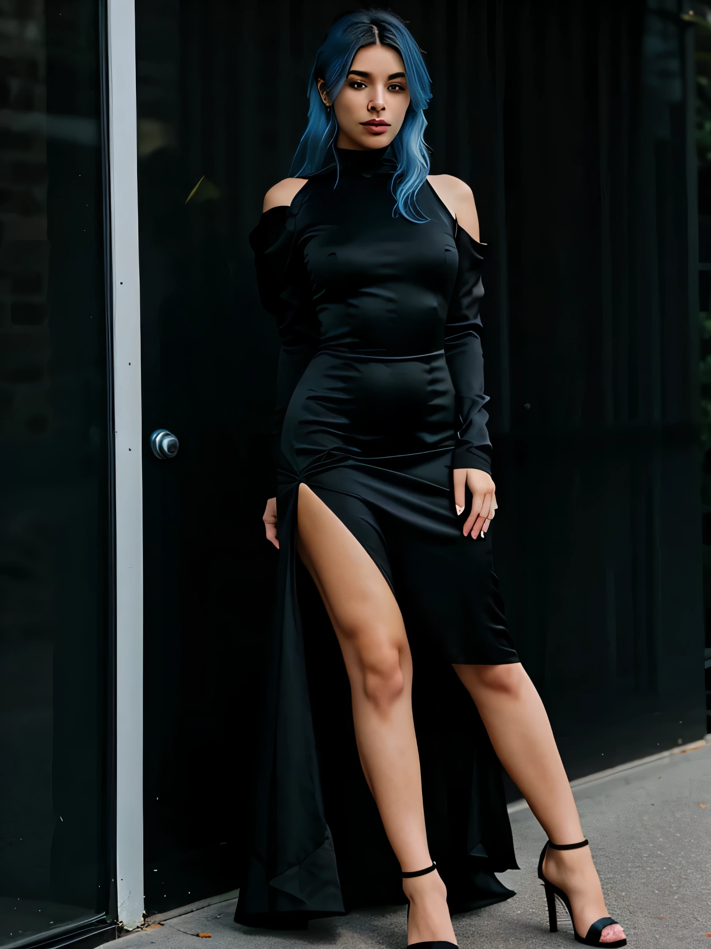 arafed woman with blue hair posing in a black dress, tight dress, y dress, black silk dress, tight dress, in black dress, beautiful silk dress, black dress, black dress black dress ice cream, blue dress, blue dress, revealing elegant dress, black dress, wearing a blue plastic dress, long black dress, wearing a black dress, sexress