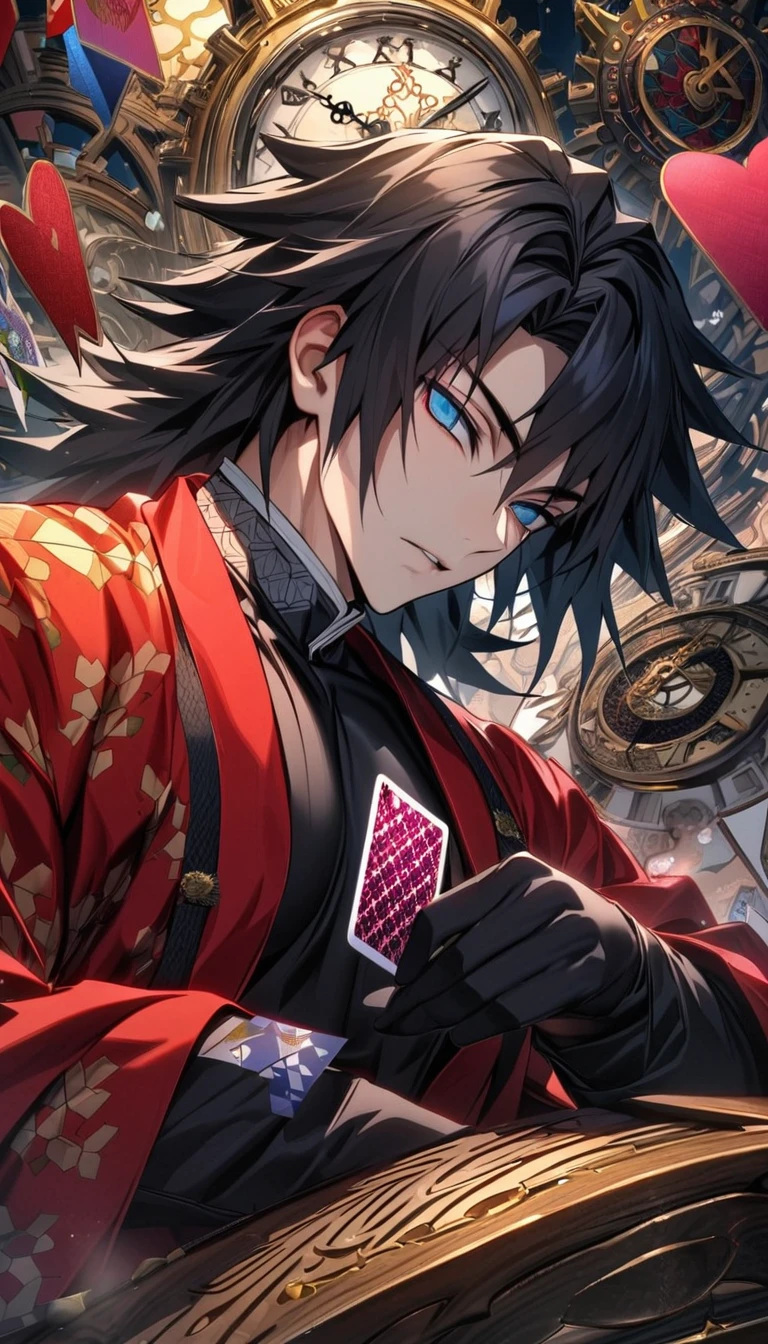 Ultra detailed, highres, absurdres, HDR, Tomioka Giyuu, black hair with bangs, blue eyes, Kimetsu No Yaiba, red long coat, black tight shirt with patterns, clock, gear, in wonderland, heart cards, sexy man, solo, handsome, very detailed face and eyes, black gloves