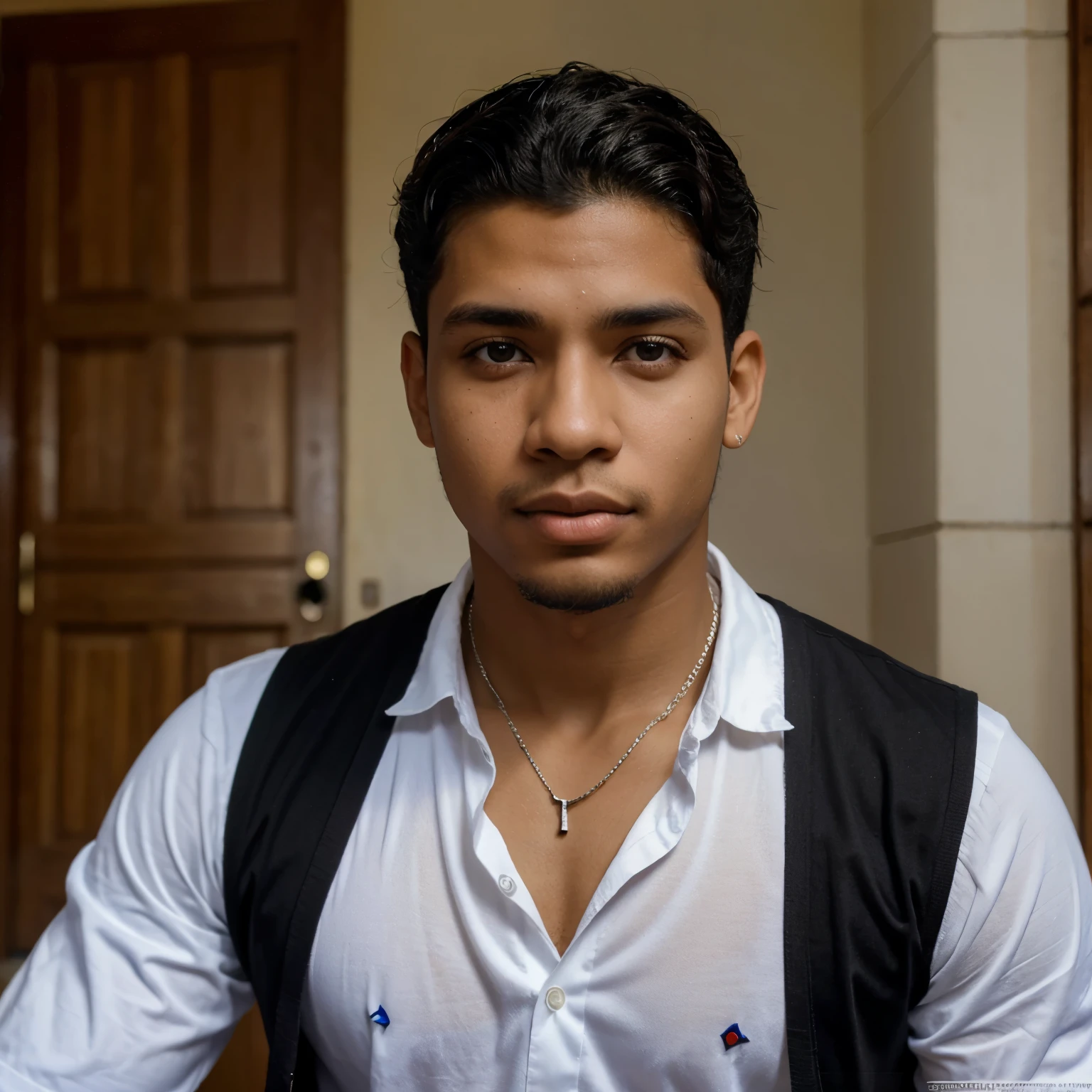 Adolecente (hombre) (16 years), blanco, pelo negro, ojos marrones claros, bonito, flow dominicano (calidad realista mejor),