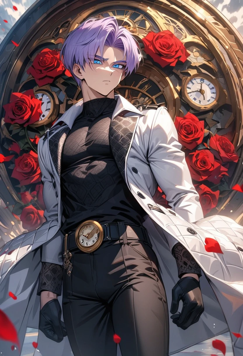 absurdres, highres, ultra detailed, HDR, masterpiece, extremely detailed face and eyes, perfect face, Trunks, light-purple hair, expressive blue eyes, Dragon Ball Z, solo, sexy man, handsome, white coat, tight black shirt, black pants, patterns, red roses, black gloves, petals, in woderland, clock