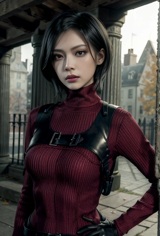 (masterpiece, best quality:1.4), insaneres, absurdres, solo, looking at viewer,BREAK GAME_ResidentEvil4Remake_AdaWong_ownwaifu, 1girl, asian, black hair, short hair, brown eyes, lips, bangs, large breasts, red lips, makeup, lipstick, sweater, dress, gloves, holster, shoulder holster, black gloves, turtleneck, turtleneck sweater, sweater dress, ribbed sweater, long sleeves, harness, belt, thighhighs, pantyhose, thigh boots, black thighhighs, red sweater, red dress, (contrapposto, hand on hip), sunset, sidelighting, outdoors, depth of field, zombie hands