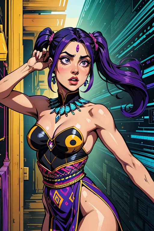 (absurdos, high resolution, ultra detalhado), (1 garota:1.3), twintails, cabelo roxo, QUEBRAR , arte de falha, digital distortion, fragmentos pixelizados, Data corruption, colorful noise, caos visual, contemporary aesthetics QUEBRAR , enamel art, glass-like surface, cores vibrantes, acabamento brilhante, texturas reflexivas, pigmentos ricos, fluid forms QUEBRAR , Ethnic Style, roupa tradicional, vibrant patterns, handmade textiles, cultural motifs, joias de contas, handmade accessories