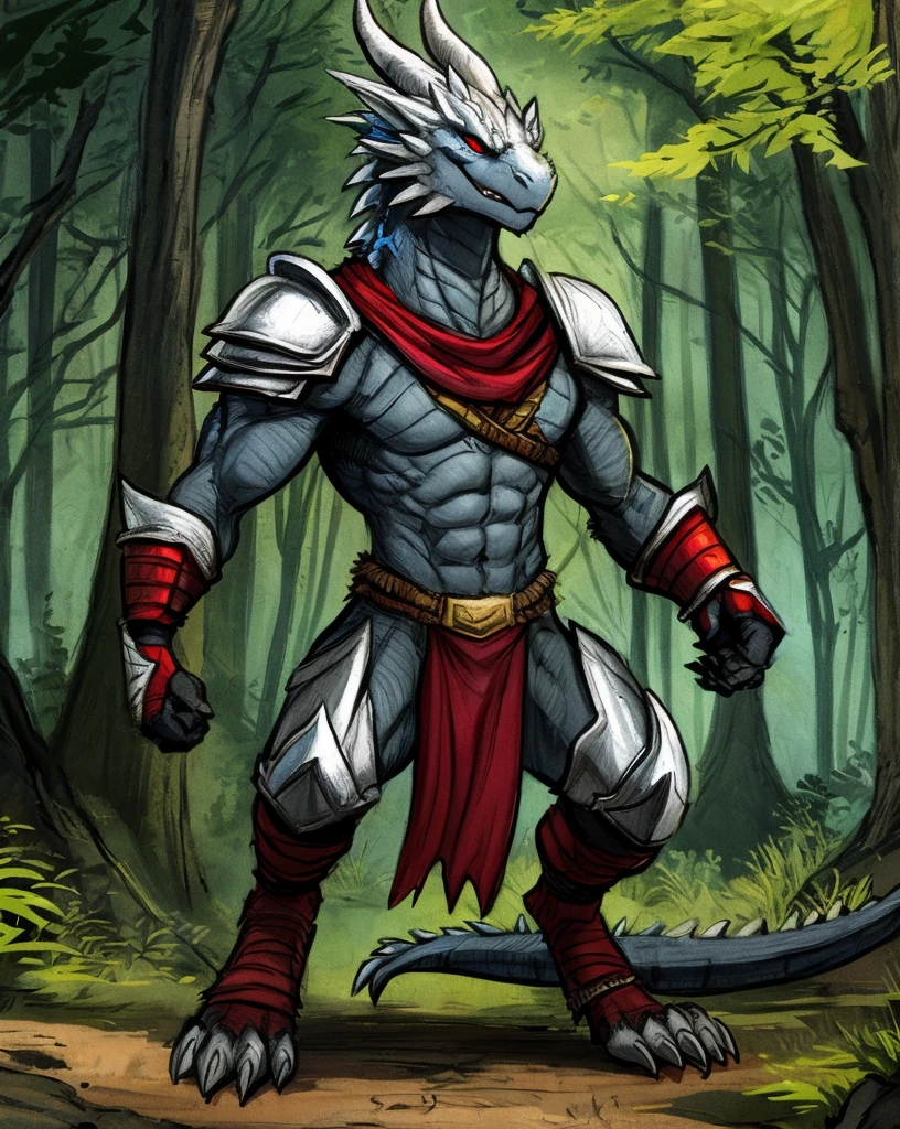 ((By Bebebebebe, by Zackary911, by K0BIT0WANI, by Wfa, best quality, masterpiece, perfect anatomy, detailed picture)), solo, 1male, big pectorals, muscular, adult, lizard, (light gray skin, gray body), non-mammal breasts, (scales, detailed scales), blue insides, gray scales, black runes on body, scars on body, left hand armor, tail, yellow eyes, serious, tribal loincloth, forest