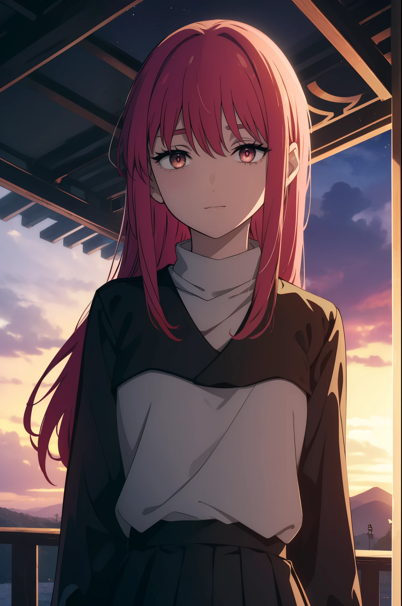 ((((Obra maestra, La mejor calidad, ultrahigh resolution)))), beautiful face, beautiful girl, 1girl, looking at viewer, standing, upper body, red hair, beautiful face, outside, wind blowing, detailed face, eyeliner, detailed red gradient eyes, shiny red eyes, black pupils, , face focus, pretty smile, happy, teeth, hips, pleated skirt, sunset sky