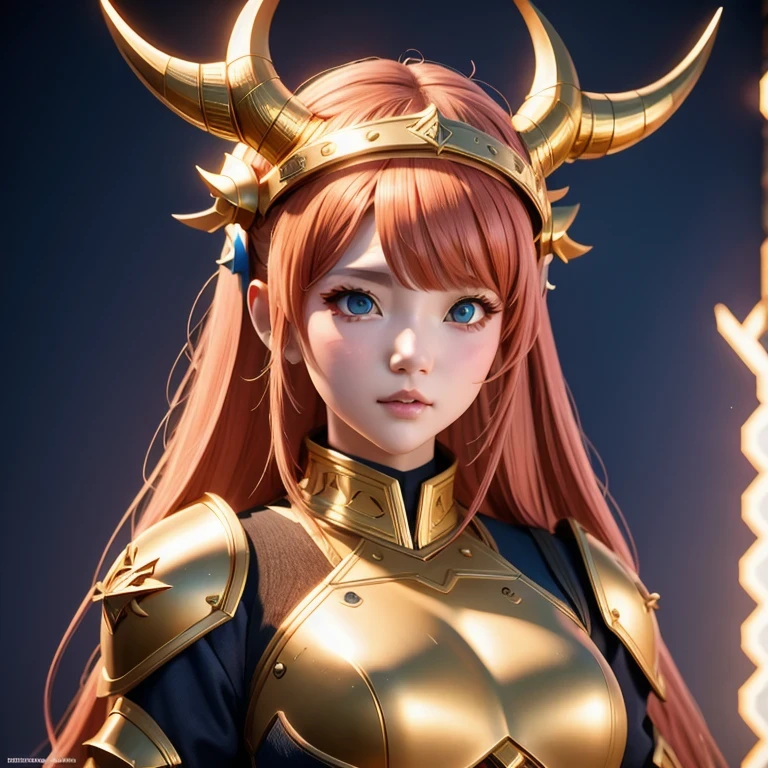 （（））close up，There was a woman wearing a horned helmet, Unreal Engine render + goddess, 3D Rendering Character Art 8K, Rendering a cute 3D anime girl, Personagem pequeno. Unreal Engine 5, Realistic anime girl rendering, Valkyrie-style character, Akihiko Yoshida. Unreal Engine, Girl in knightly armor, Artwork in the style of Guweiz, 1 Girl, Solitary，