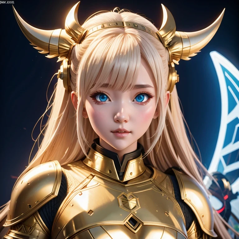 （（（Ivory white）））close up，There was a woman wearing a horned helmet,（（future technology）） Unreal Engine render + goddess, 3D Rendering Character Art 8K, Rendering a cute 3D anime girl, Personagem pequeno. Unreal Engine 5, Realistic anime girl rendering, Valkyrie-style character, Akihiko Yoshida. Unreal Engine, Girl in knightly armor, Artwork in the style of Guweiz, 1 Girl, Solitary，