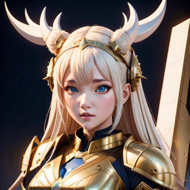 （（（Ivory white）））close up，There was a woman wearing a horned helmet,（（future technology）） Unreal Engine render + goddess, 3D Rendering Character Art 8K, Rendering a cute 3D anime girl, Personagem pequeno. Unreal Engine 5, Realistic anime girl rendering, Valkyrie-style character, Akihiko Yoshida. Unreal Engine, Girl in knightly armor, Artwork in the style of Guweiz, 1 Girl, Solitary，