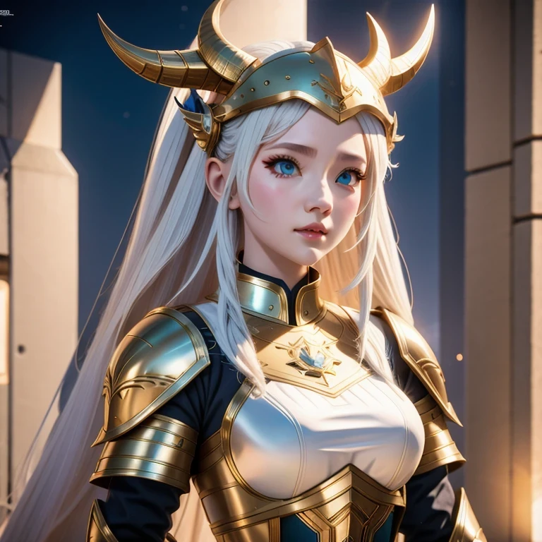 （（（Ivory white）））close up，There was a woman wearing a horned helmet,（（future technology）） Unreal Engine render + goddess, 3D Rendering Character Art 8K, Rendering a cute 3D anime girl, Personagem pequeno. Unreal Engine 5, Realistic anime girl rendering, Valkyrie-style character, Akihiko Yoshida. Unreal Engine, Girl in knightly armor, Artwork in the style of Guweiz, 1 Girl, Solitary，