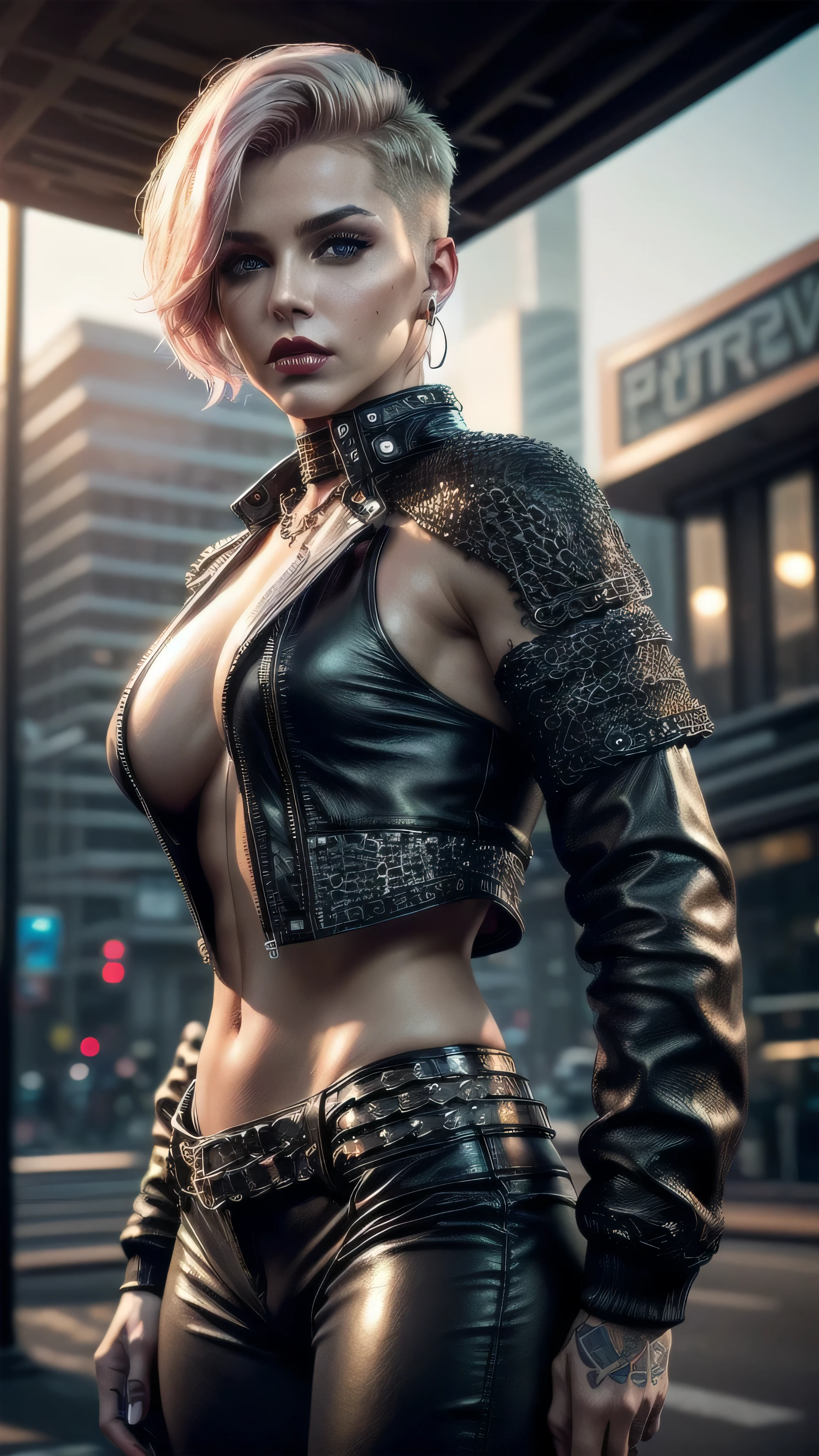 (masterpiece), (extremely intricate:1.3), (realistic), muscular bodybuilder girl, (((short undercut [blonde hair:pink hair:0.7], [flat chest:large breasts:0.6], upper body, makeup:1.6, leather pants, (perfectchainmail black jacket, open), red lips, bright sunlight, sunset, tattoo:1.4, topless))), outdoors, metal reflections, ((((futuristic cyberpunk street, dangerous)))), professional photograph, sharp focus, dramatic, award winning, cinematic lighting, volumetrics dtx, (film grain, blurry background, blurry foreground, bokeh, depth of field), 8K