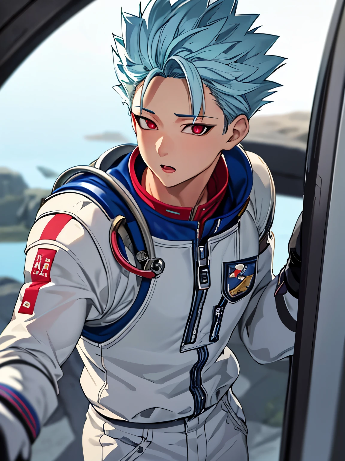 masterpiece, best quality, stand,close up photo,ultra-detailed, 1boy, solo, male focus,astronaut uniform, looking at viewer, , , ban_nanatsu_no_taizai,blue hair,red eyes ,handsome,muscular , ultra detail,ultra Hd