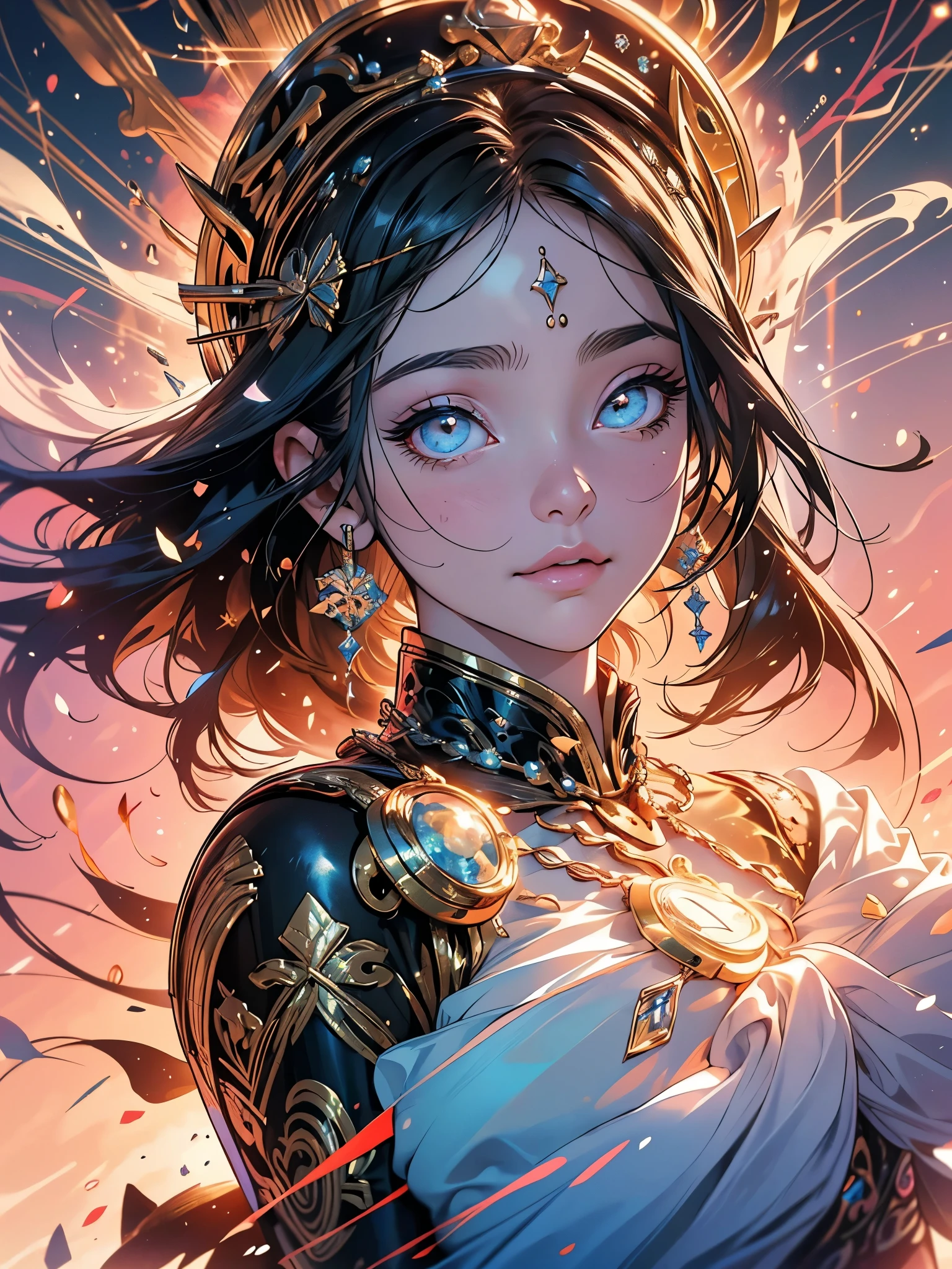 (absurdos, high resolution, ultra detalhado), 1 garota, Zodiac sign - Goddess of Aries , Sozinho, maduro, Baroque, vestido longo, Manga comprida, elegante, Colorida, mais detalhado, tronco , sunset hair . Olhos de fogo . Corajoso, intencional, produtivo, Enterprising Humanitarian Face, (((seios pequenos redondos, decote, cabelos brancos, olhos cinzentos, corpo inteiro, thick fit body)))