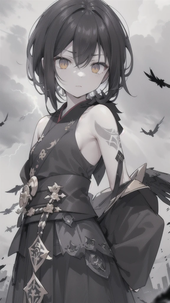 (dark hair,short black hair),(golden eyes),(black hanfu,black armor),(ink black longsword),(ravens),(high contrast,monochrome,black and white),(mystery,ominous),(stormy atmosphere,thunderstorm),(dramatic lighting),(detailed textures),(dynamic pose),(dark background)
