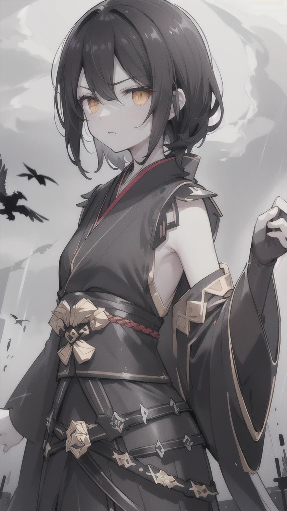 (dark hair,short black hair),(golden eyes),(black hanfu,black armor),(ink black longsword),(ravens),(high contrast,monochrome,black and white),(mystery,ominous),(stormy atmosphere,thunderstorm),(dramatic lighting),(detailed textures),(dynamic pose),(dark background)