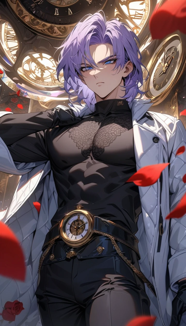 absurdres, highres, ultra detailed, HDR, masterpiece, extremely detailed face and eyes, perfect face, Trunks, light-purple hair, expressive blue eyes, Dragon Ball Z, solo, sexy man, handsome, white coat, tight black shirt, black pants, patterns, red roses, black gloves, petals, in woderland, clock