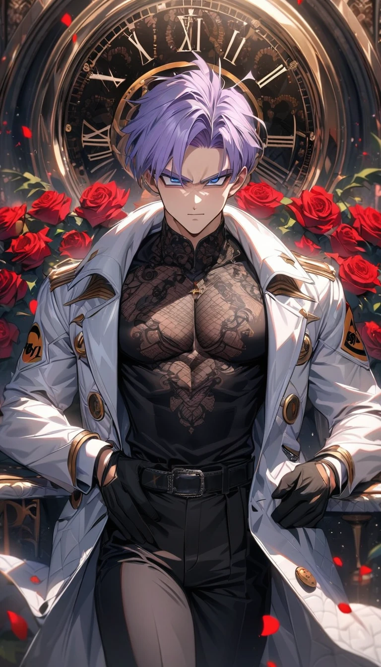 absurdres, highres, ultra detailed, HDR, masterpiece, extremely detailed face and eyes, perfect face, Trunks, light-purple hair, expressive blue eyes, Dragon Ball Z, solo, sexy man, handsome, white coat, tight black shirt, black pants, patterns, red roses, black gloves, petals, in woderland, clock