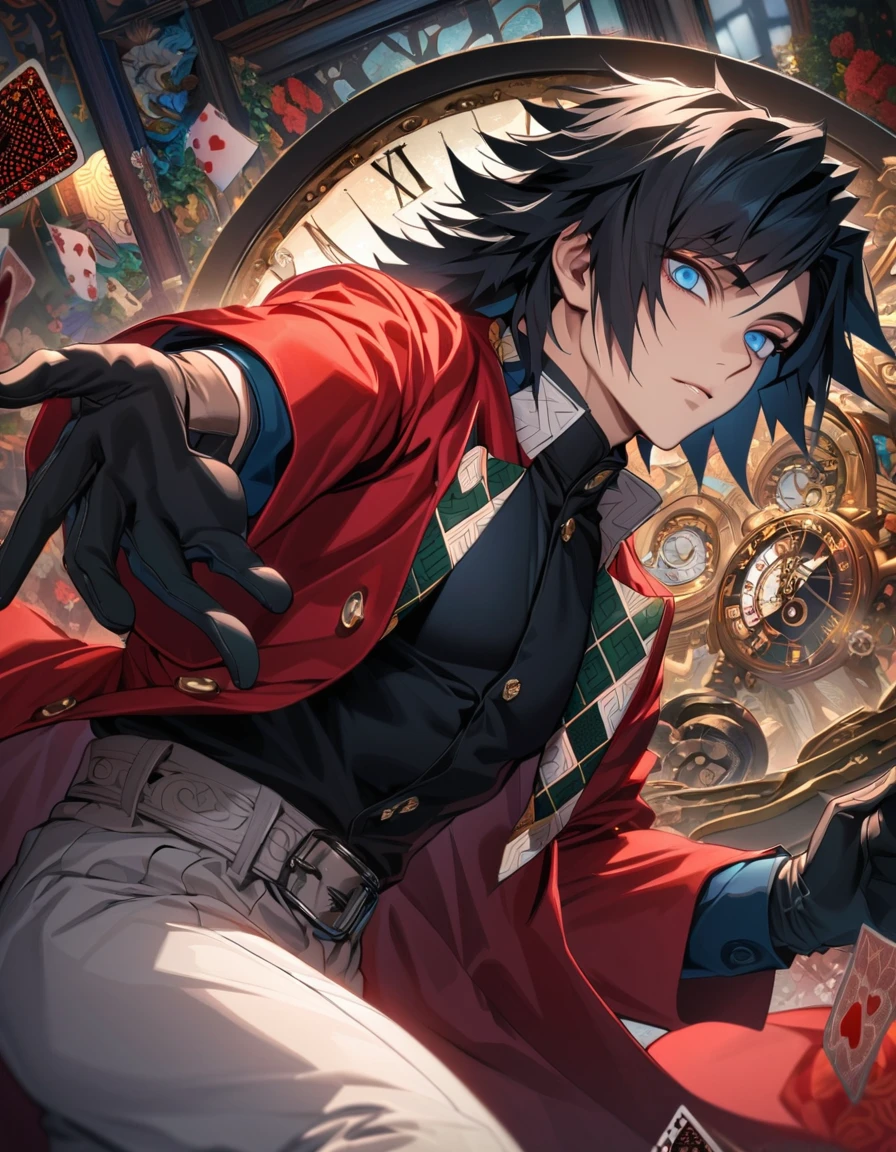 Ultra detailed, highres, absurdres, HDR, Tomioka Giyuu, black hair with bangs, blue eyes, Kimetsu No Yaiba, red long coat, black tight shirt with patterns, clock, gear, in wonderland, heart cards, sexy man, solo, handsome, very detailed face and eyes, black gloves