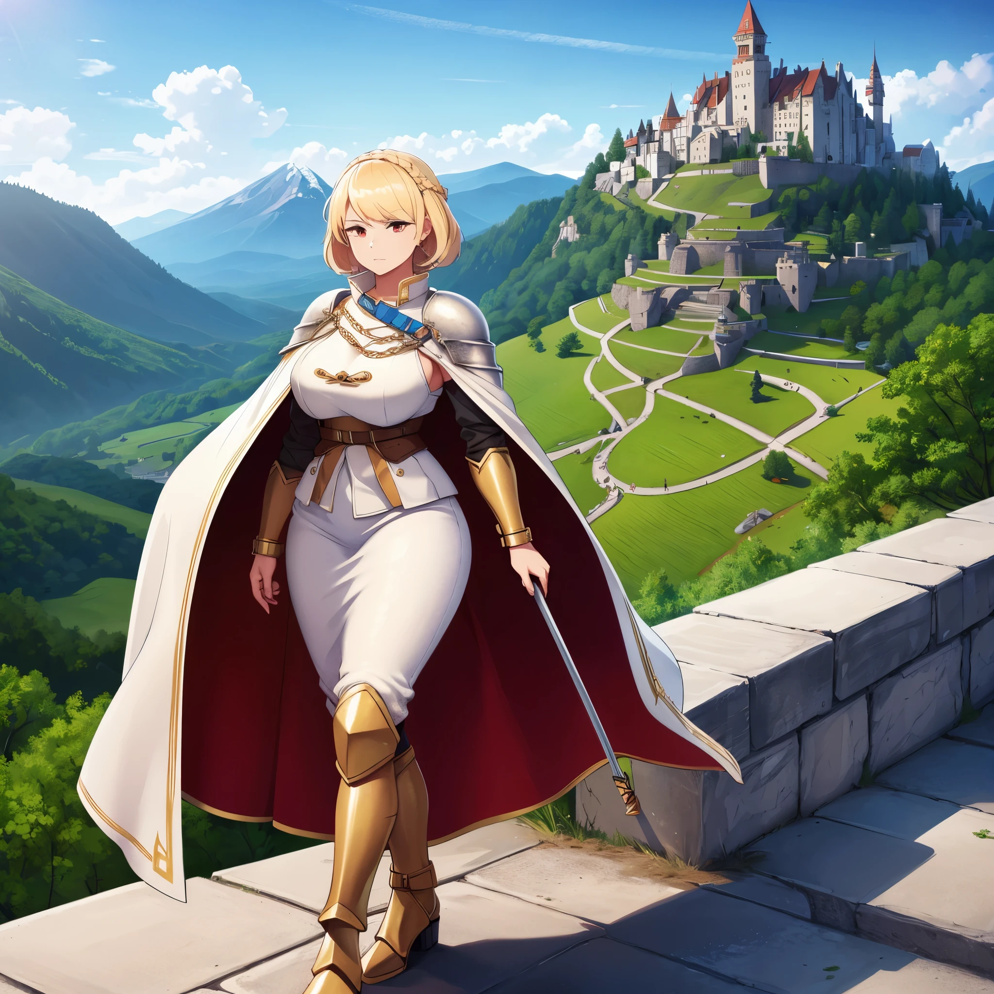 a woman wearing medieval heavy armor, white armor with gold details, metal bracelet, white metal boots, fur cape, short blonde hair, red eyes, walking in a medieval fortification overlooking mountains. day place.HDR, masterpiece, well defined, ultra resolution, high quality, 8k HD. (just a woman, solo)
