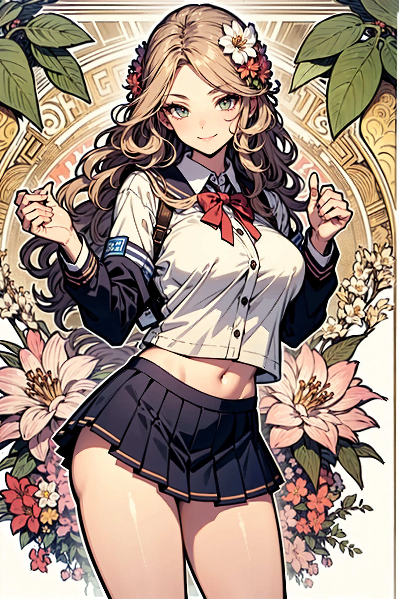 (by mucha:1.2),((art deco,Botanical Art,Floral Art)),(floral:1.2),lily flower,
(masterpiece, highest quality),(vibrant colors,colorful),(amazing details,detailed background),anatomically correct,Accurate drawing,Detailed drawing,high-class sense,
two girls Handshake:1.4,
(School uniform:1.5),smile,
(Unruly hair,voluminous hair),(breasts:1.2),(thighs:1.2),navel,bare flank,