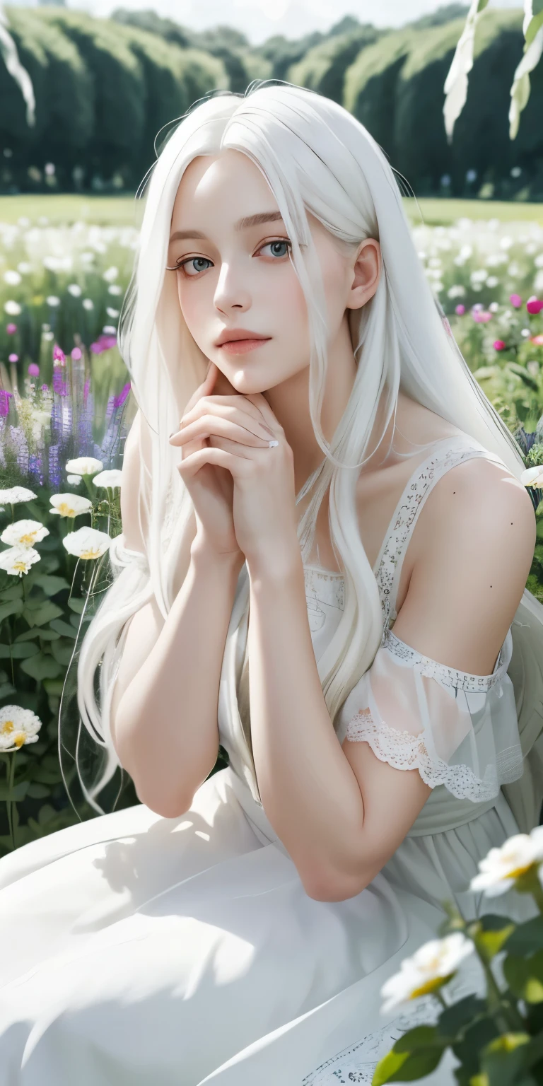 (masterpiece, best quality),1girl with long white hair sitting in a field of green plants and flowers, her hand under her chin, warm lighting, white dress, blurry foreground