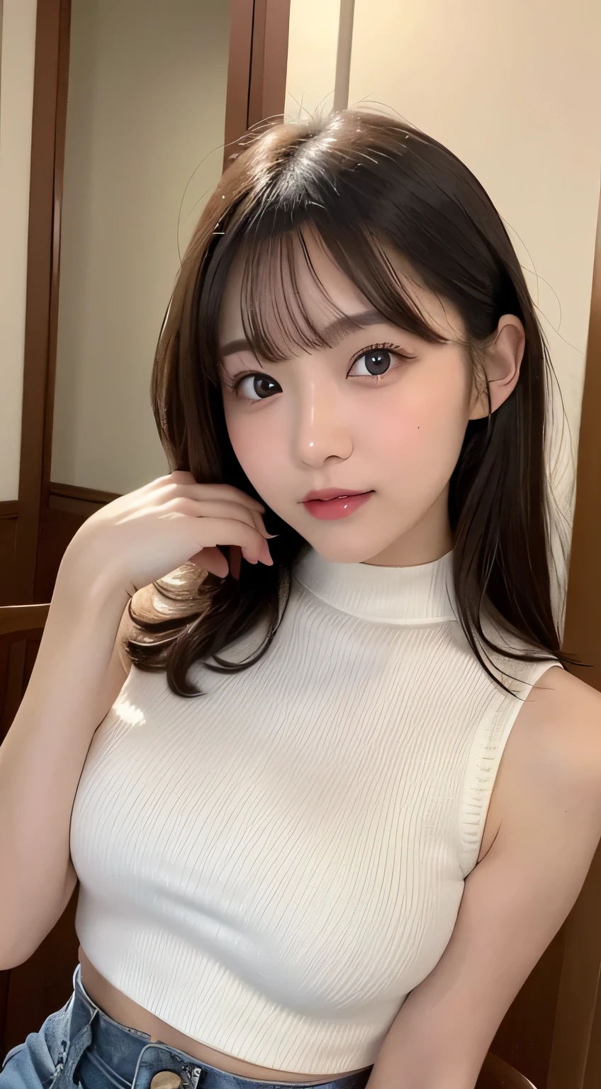 Tabletop, highest quality, Photorealistic, finely, High resolution, 8k wallpaper, Perfect dynamic composition, Beautiful and beautiful eyes, Medium Hair, Big and ample breasts, Random sexy poses,Chest to Chest、(Open Chest Mock Neck Crop Tank Top White Knitwear Clear Crabbe)、(Breast Swelling 1.2)、Laughter、Open your mouth、Resort scenery、Age 25、(Droopy Eyes 1.4)、Adult Beauty、Japanese