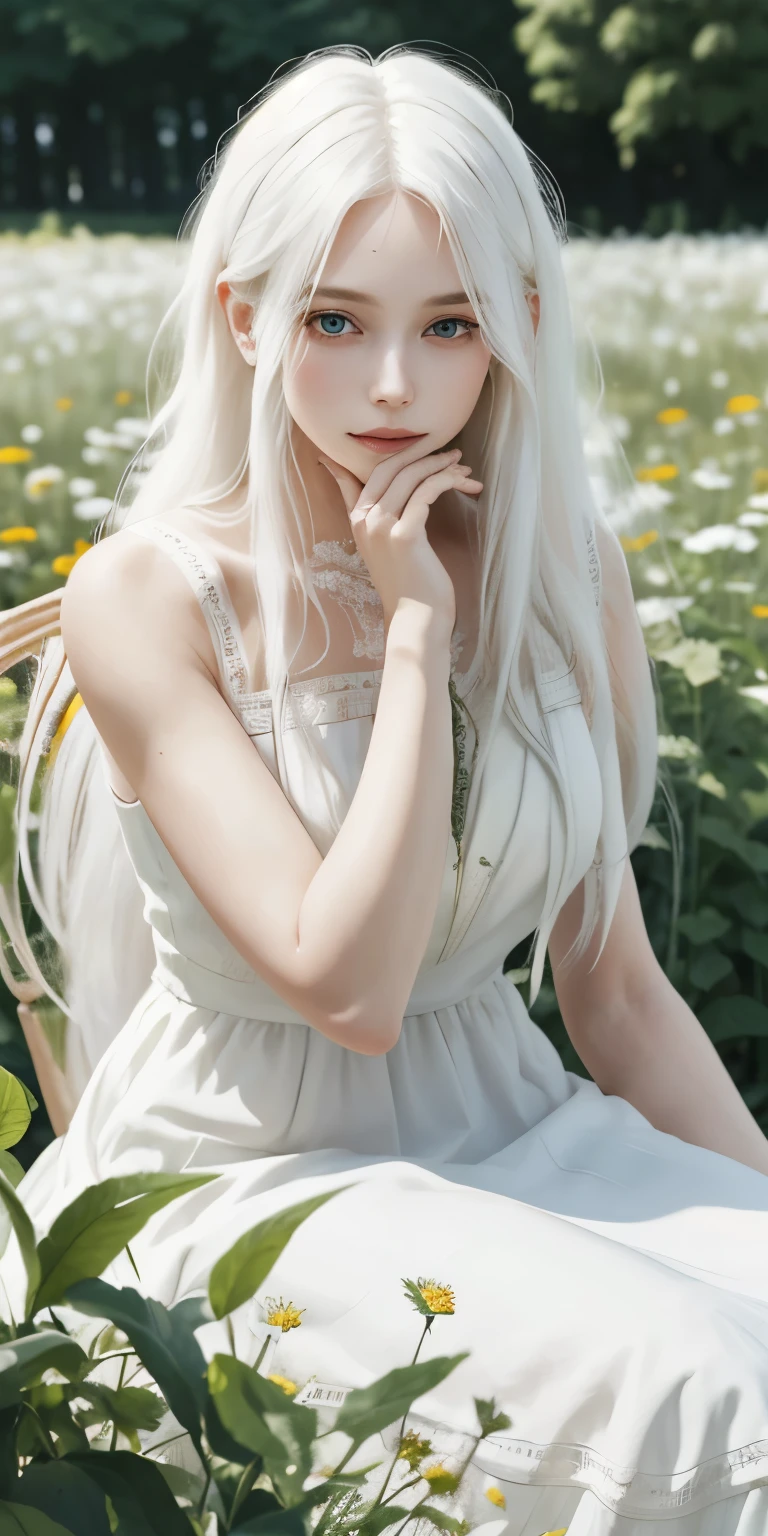 (masterpiece, best quality),1girl with long white hair sitting in a field of green plants and flowers, her hand under her chin, warm lighting, white dress, blurry foreground