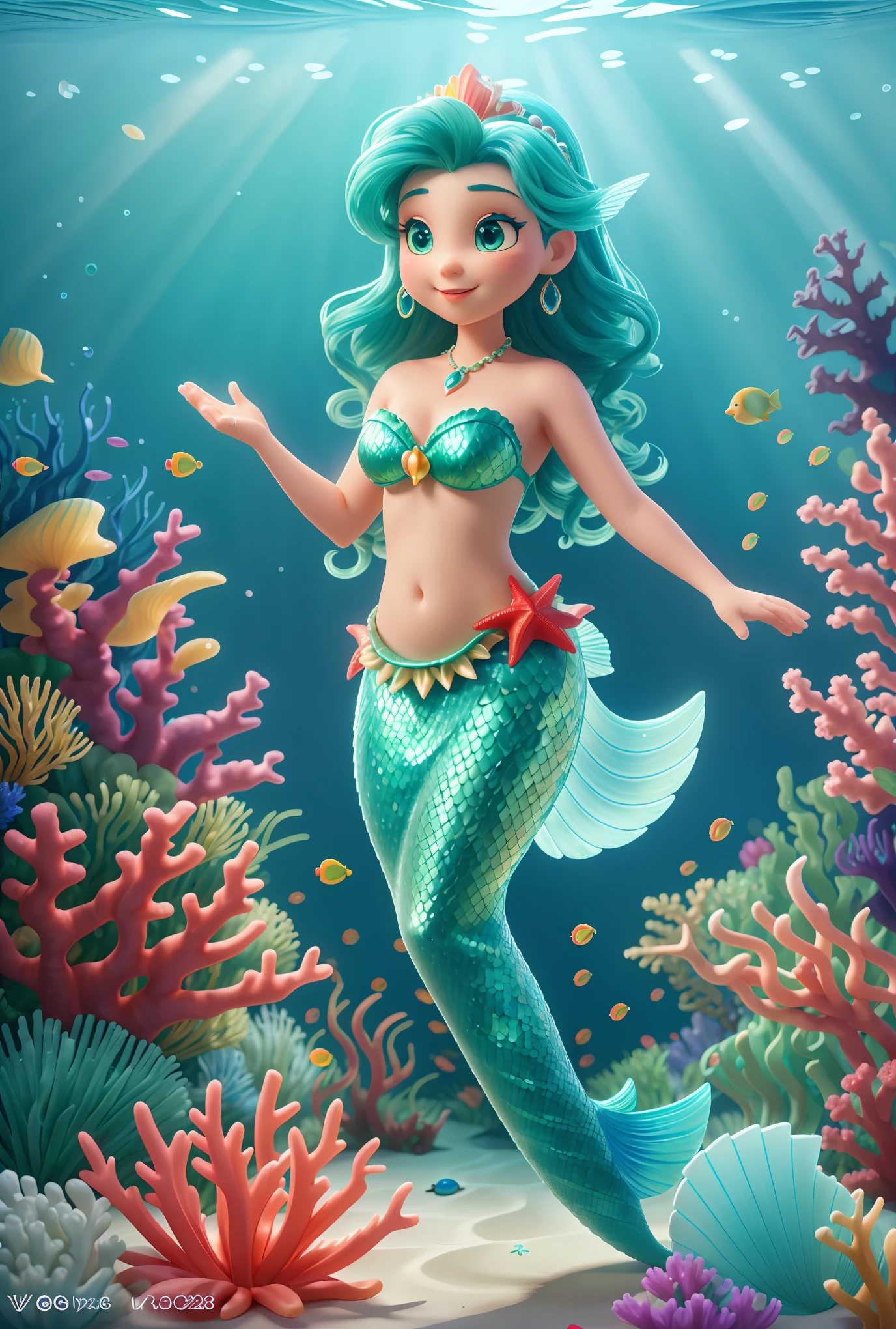 ,Mermaid in an underwater world,illustration,ocean,coral reef,beautiful detailed corals,diverse marine life,vibrant colors,mesmerizing scenery,goddess-like mermaid,fantasy creature,sea grass,shells,pearls,light rays filtering through the water,best quality,4k,8k,highres,masterpiece:1.2,ultra-detailed,realistic:1.37,studio lighting,physically-based rendering,extreme detail description,professional,vivid colors