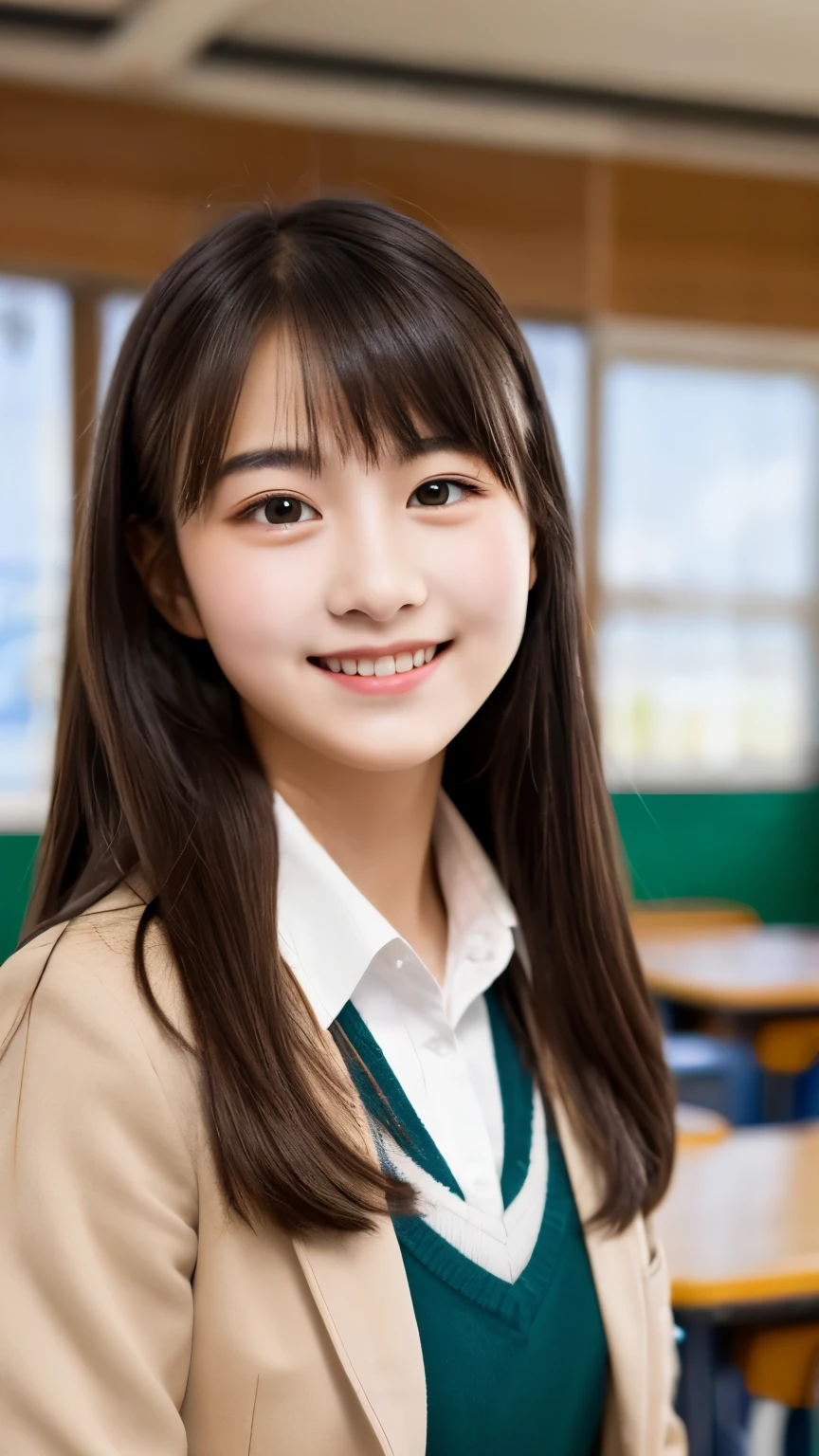 Tabletop, highest quality, figure, Very detailed, In detail, High resolution, 8k wallpaper, Perfect dynamic composition, School classroom、high school girl、uniform、blazer、Beautiful fine details, Long Hair,Center of chest, Natural color lip,,smile,Teenage girl、cute