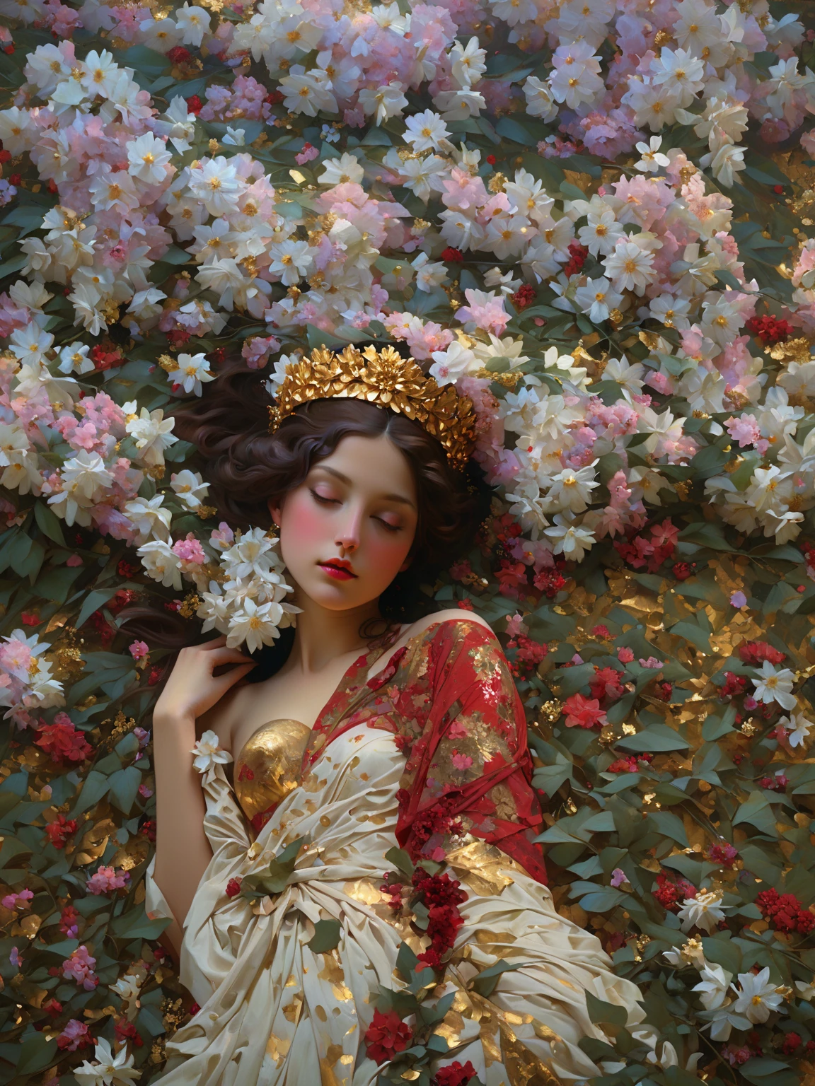 a painting of a woman with a flower crown on her head, flower goddess, woman in flowers, she has a crown of flowers, a goddess in a field of flowers, covered with flowers, mucha klimt and tom bagshaw, girl in flowers, persephone in spring, flower queen, goddess of spring, jinyoung shin art, female portrait with flowers, RAW photo of (adult:1.3),a  female burst of tangy crimson cascades,entwining magic and technology with viscous allure disappears into the shadows,in a neo-expressionist masterpiece of gold embrace,topless,small breasts,hair between eyes,(skinny, thin body:0.4),(chiaroscuro:1.3),(octane render masterpiece,masterpiece scale,beautiful depth of field,ultra wide field,ultra detailed CG perspective,ultra dynamic lighting amazing shadows,dramatic lighting), Convey the sense of inner strength and confidence. Introduce a gentle, atmospheric haze in the environment, creating a soft diffusion of light and giving the impression of gold aura and presence.