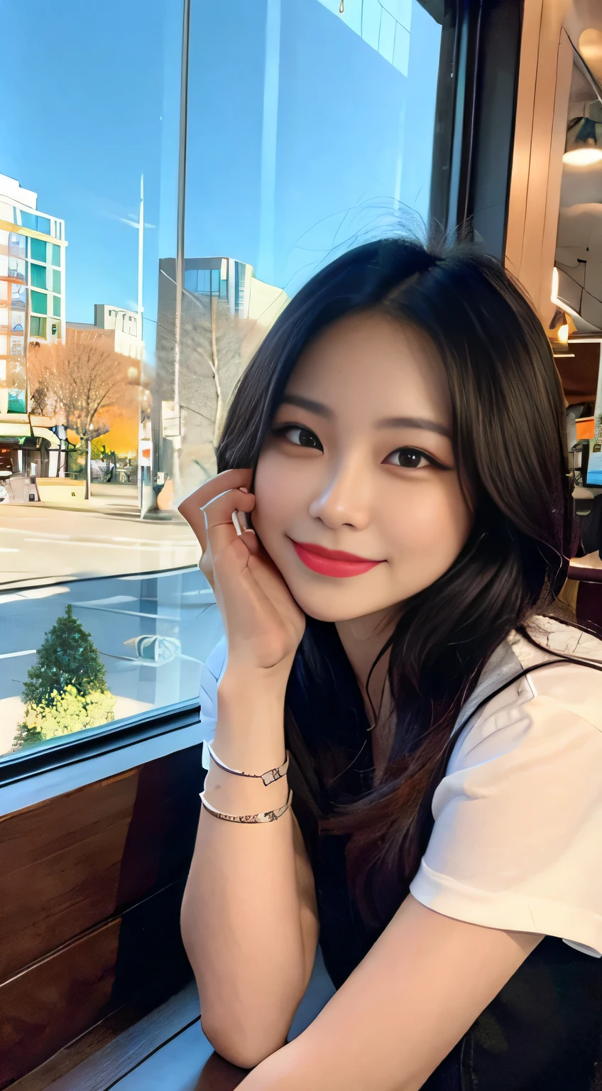 Top quality masterpiece, a woman wearing a tooth caries shows her devotion in a downtown café, with a bright expression and a toxic style, through the large windows in the warm sunshine.