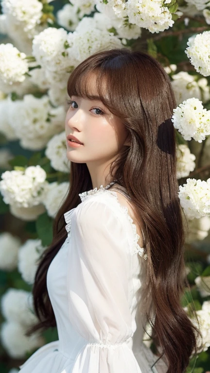 (real, High resolution:1.3), One girl with a perfect body,16 years old, Very beautiful face and eyes,profile、Long Hair,bangs, White blouse dress:1.2,The background is covered with white flowers,Cosmetics advertising