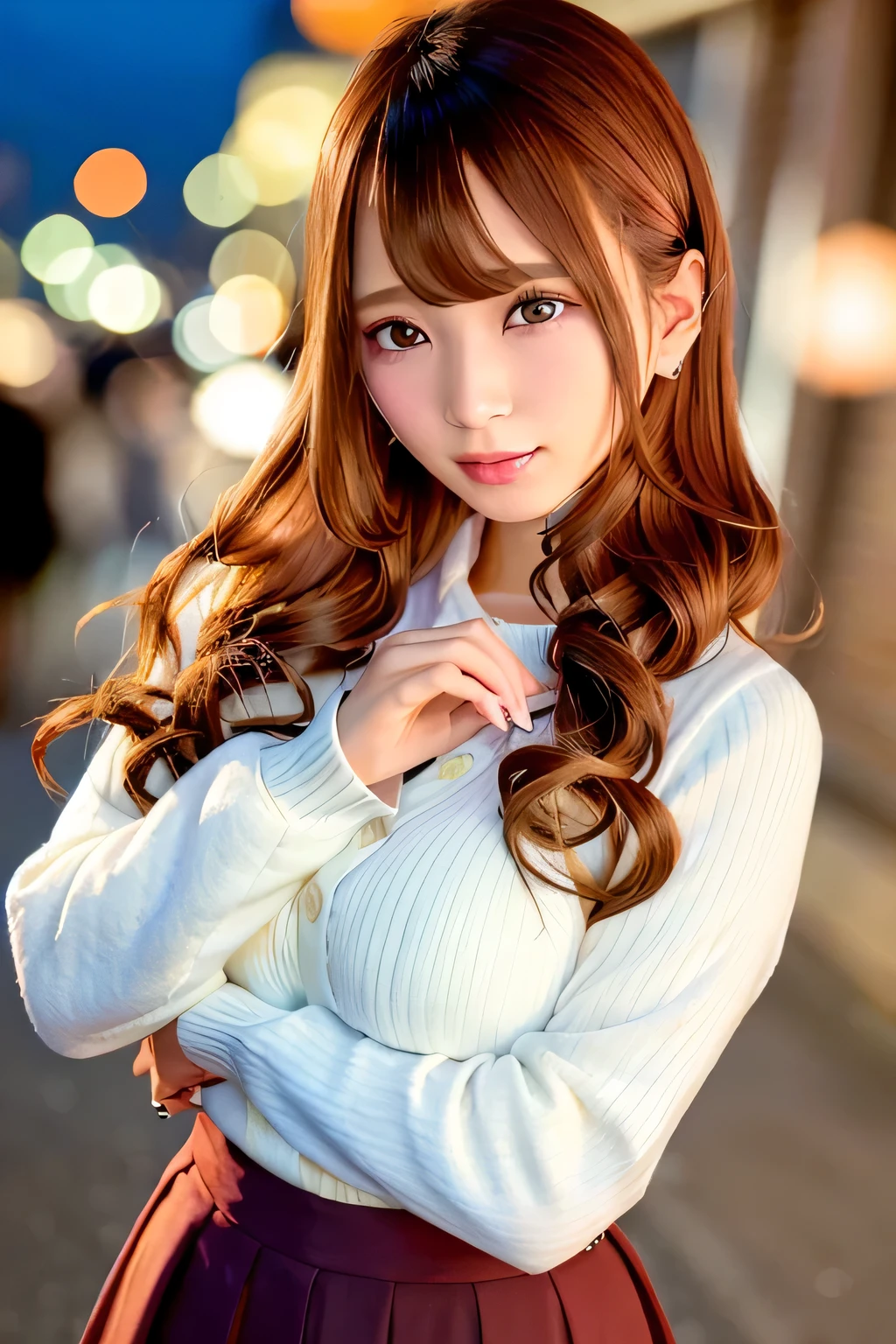 (Skin wounds:1.2),1woman, 28, (((woman))), (Skin dents), nice, alone, Realistic, highest quality, photoRealistic, masterpiece, 8k, High resolution, alone, Highly detailed face, Cowboy Shot, Bust Shot, passport photo, Full Face, (Professional Lighting, Bokeh), (Particles of light, Lens flare, Glowing particles:0.6), (Dynamic pose:1.2), Soft lighting, View from above, Fashionable and trendy atmosphere, Japan, Tokyo, ((at night)), ((Looking at the audience)), (Looking at the camera),(Portraiture:0.6), Are standing, Upper Body, Face close-up, (Mid-chest:1), (Long Hair), Brown Hair, floating hair, nose, lips, lipstick, Captivating smile, floating hair, Mole, (cheekbone:1), (Mole under eye:1.2), sweater, Jacket, skirt,