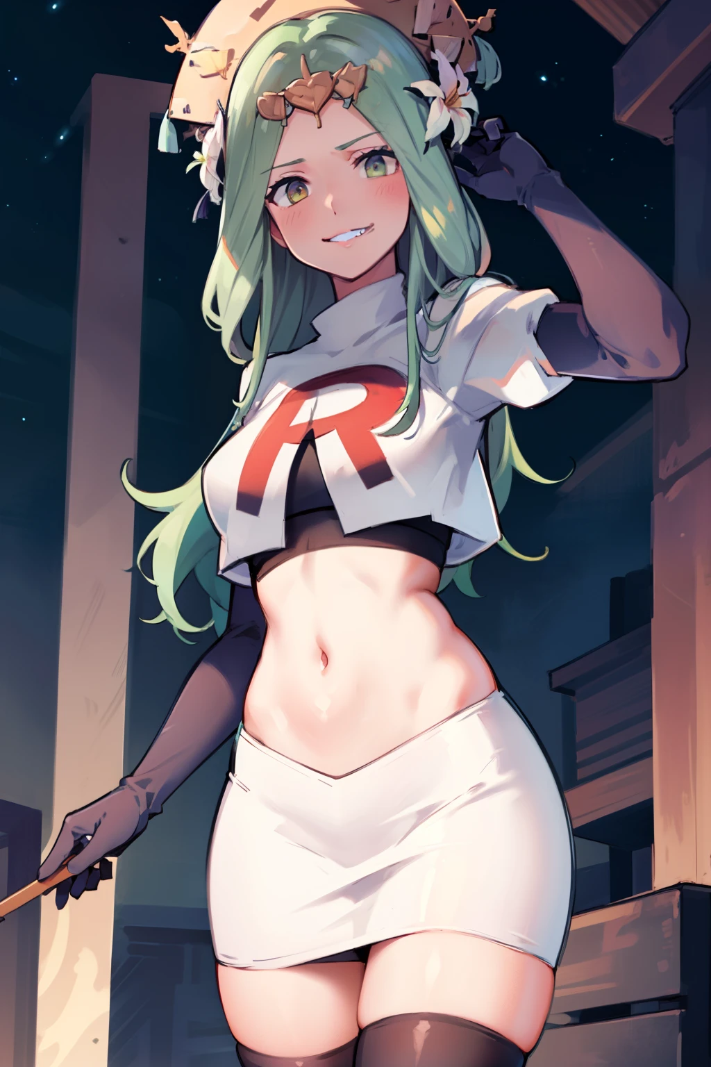 defRhea, headdress, hair flower, team rocket,team rocket uniform,white skirt,red letter R,crop top,black thigh-highs,black elbow gloves, evil smile, looking at viewer, cowboy shot, night sky background