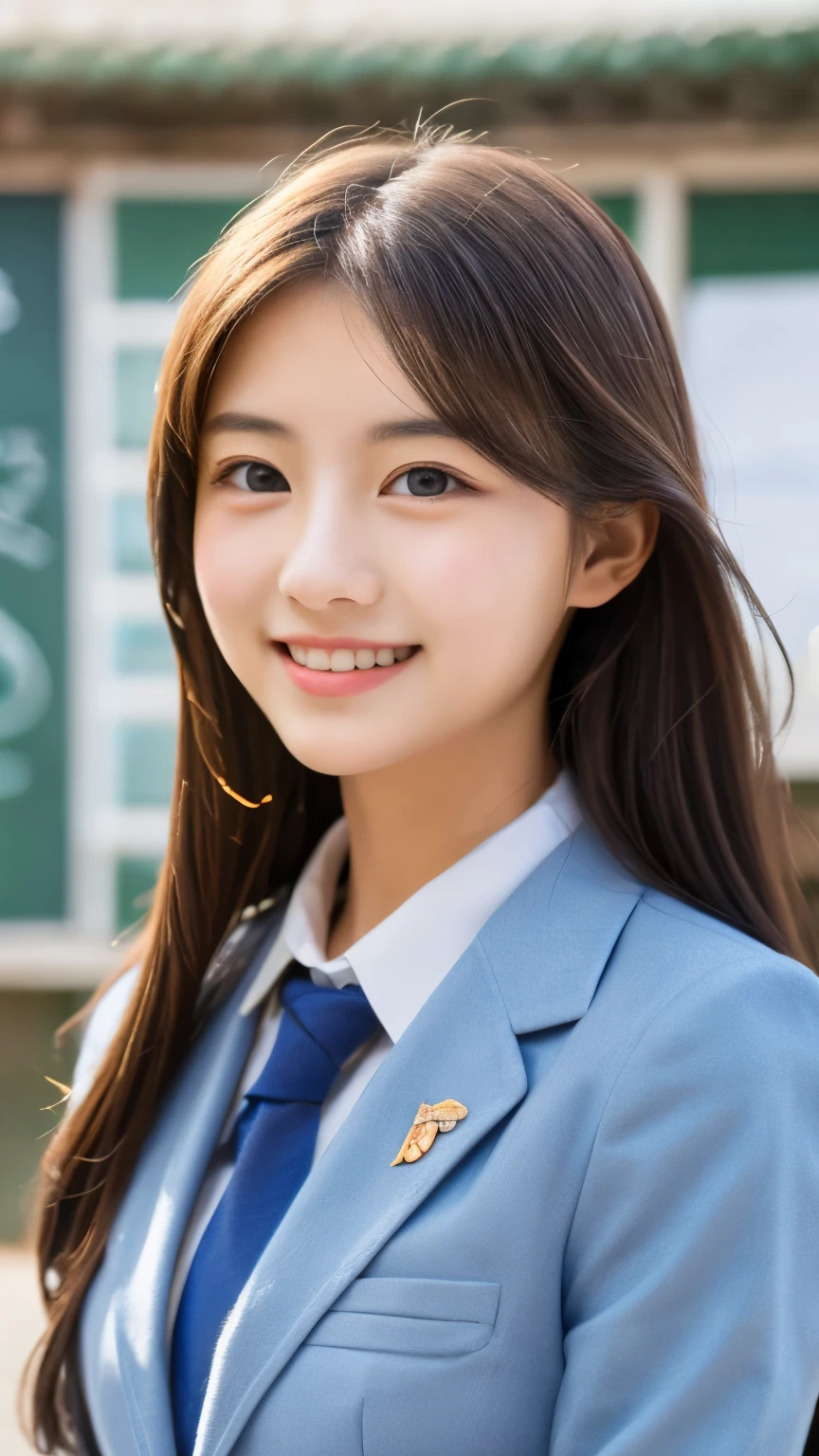 Tabletop, highest quality, figure, Very detailed, In detail, High resolution, 8k wallpaper, Perfect dynamic composition, School classroom、high school girl、uniform、blazer、Beautiful fine details, Long Hair,Center of chest, Natural color lip,,smile,age girl、cute