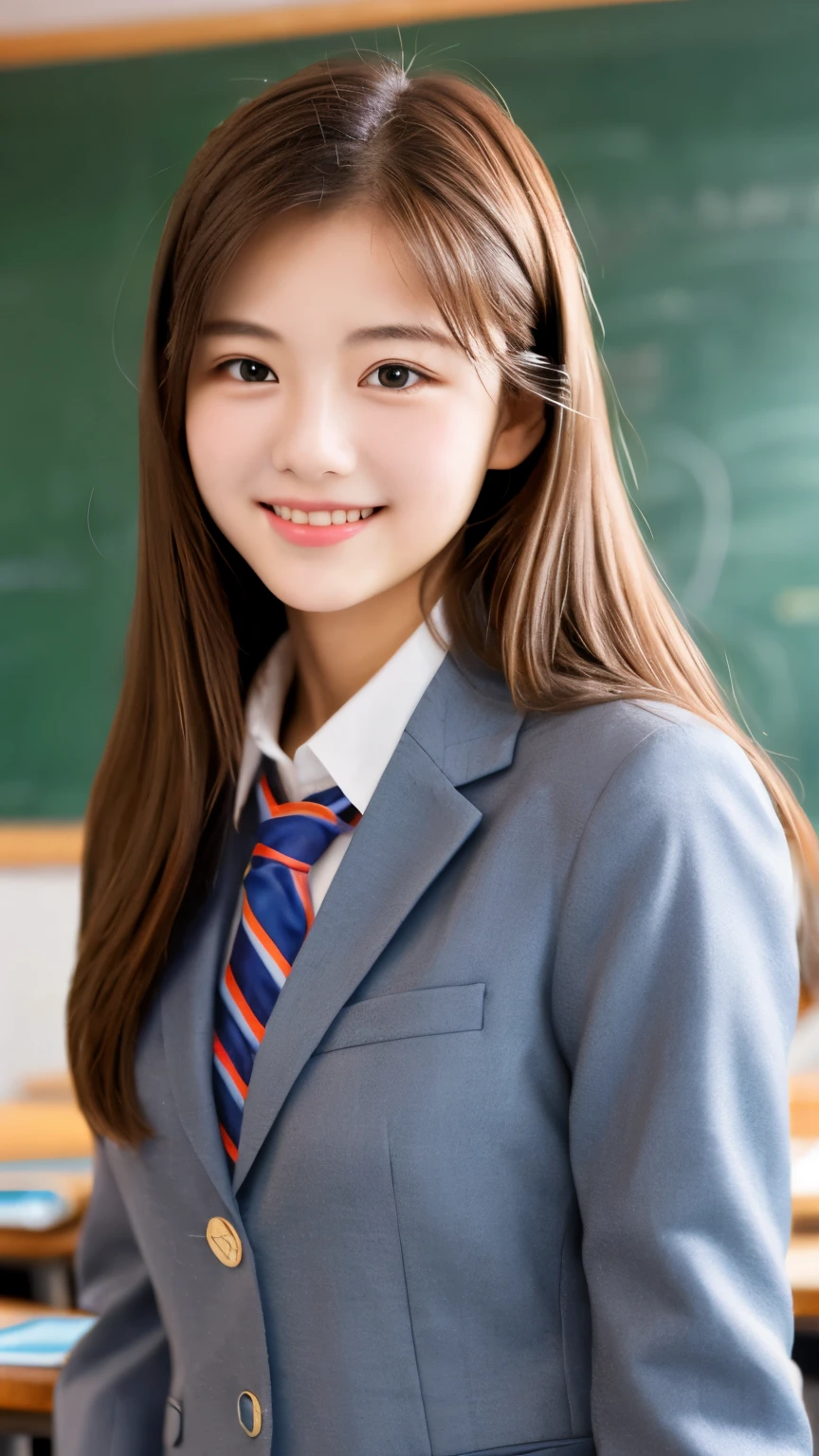 Tabletop, highest quality, figure, Very detailed, In detail, High resolution, 8k wallpaper, Perfect dynamic composition, School classroom、high school girl、uniform、blazer、Beautiful fine details, Long Hair,Center of chest, Natural color lip,,smile,Teenage girl、cute