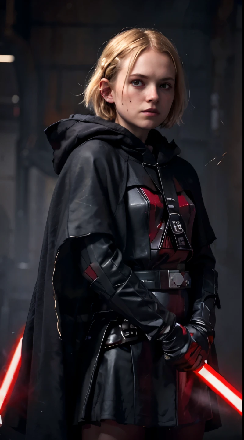 A cute girl, short bobcut blonde braided hair, bang, evil grin, sinister, pale skin, sith lord from star wars, wearing dark armor, black cape, coat dark aura. fighting pose, cowboy shot, Ultra high res, uhd, (photorealistic:1.4), lighting from below, wielding a red lightsaber