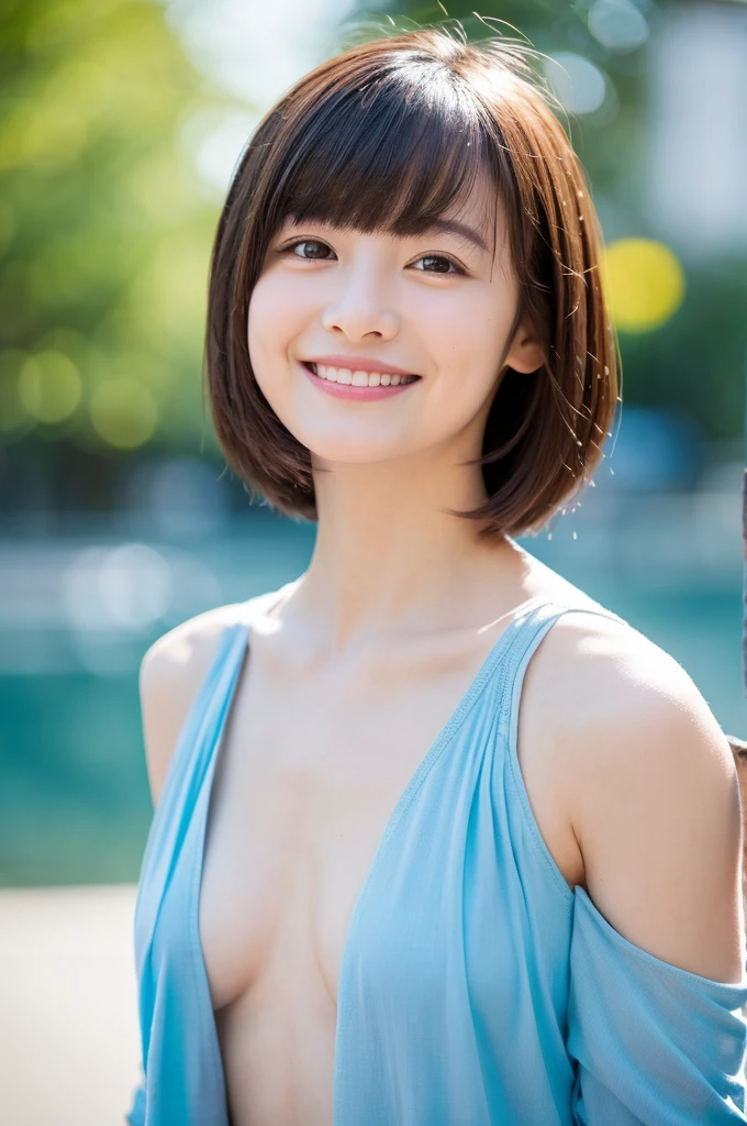 masterpiece, Top-class,  Delicate, Small breasts Delicate, Captivating smile, Neat and clean clothes, Blunt bangs, Short black hair,Background Blue