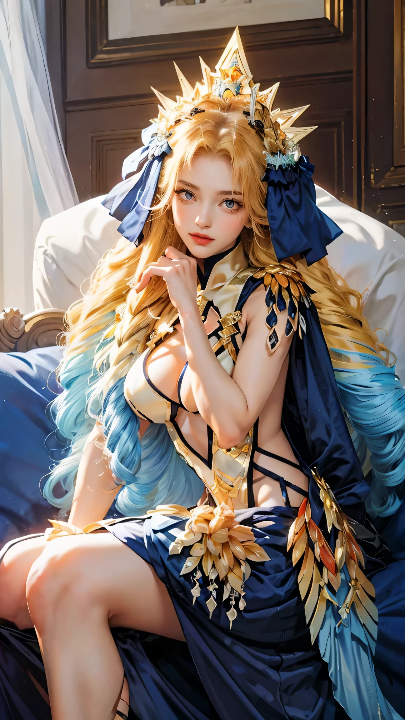 a woman in wedding dress, 1girl, drill hair, long hair, blonde hair, gradient hair, yellow eyes, solo, huge breasts, big hair, blue hair, tiara, divine goddess, looking at viewer, indoors, sitting on sofa, astraea