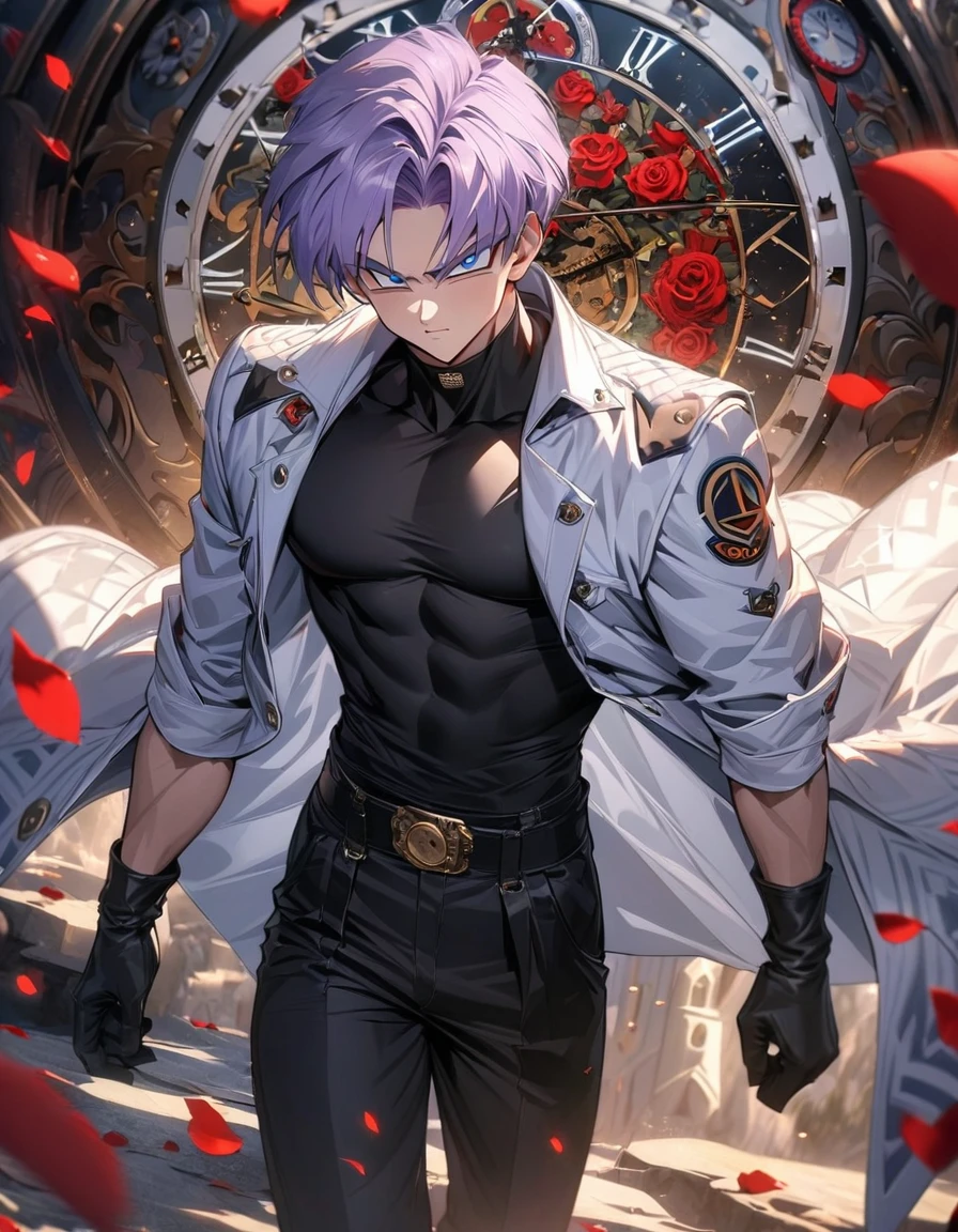 absurdres, highres, ultra detailed, HDR, masterpiece, extremely detailed face and eyes, perfect face, Trunks, light-purple hair, expressive blue eyes, Dragon Ball Z, solo, sexy man, handsome, white coat, tight black shirt, black pants, patterns, red roses, black gloves, petals, in woderland, clock