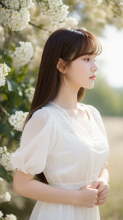 (real, High resolution:1.3), One girl with a perfect body,16 years old, Very beautiful face and eyes,profile、Long Hair,bangs, White blouse dress:1.2,The background is covered with white flowers,Fleeting atmosphere