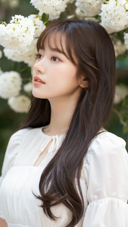 (real, High resolution:1.3), One girl with a perfect body,16 years old, Very beautiful face and eyes,profile、Long Hair,bangs, White blouse dress:1.2,The background is covered with white flowers,Fleeting atmosphere