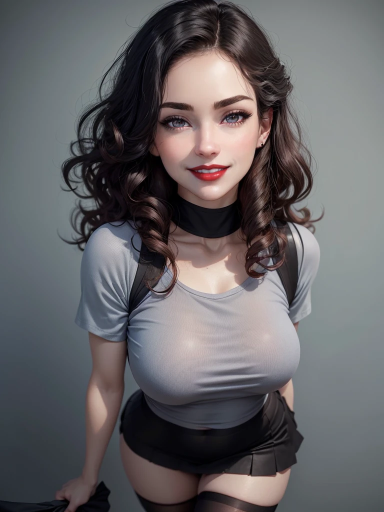 warm smile (masterpiece), (best quality), (realistic), (red lips), realistic girl, adult, pale skin, blue eyes, curly black hair, eye brown, brown eyes, nose, ear, mouth, lips, neck, shoulders, medium chest, (random color shirt, plain t-shirt, short black skirt, tight tights), waist, thick legs, thick thighs, (rose garden background)