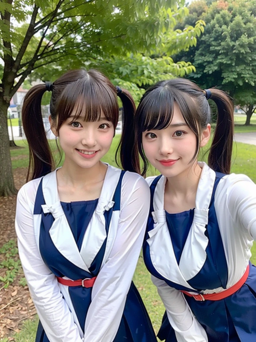 Two girls taking a photo in front of a tree, sakimichan, Chiho, Twin tails, 🍁 cute, Ulzzang, 🚿🗝📝, Twin tails hairstyle, seifuku, 8k selfie, shikamimi, Two Pigtails Hairstyle, Middle Metaverse, Twin tails white_gloves,(Huge breasts:1.3), mini skirt, whole body